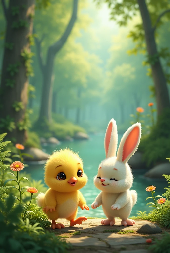 Yellow chick and a rabbit walking through the forest with a river in the background