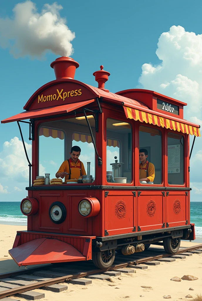 Create a real train like big
food cart for momos with 2 members working inside the cart which have length of 10 feet with 3 momo steamer and have the name MOMO XPRESS located at beach make like a train compartment