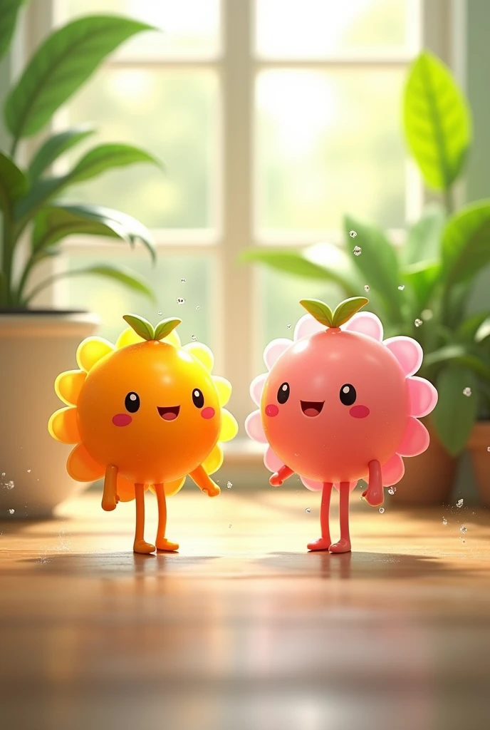 Create a transparent image of two adorable, cartoonish flower characters, one orange and one pink, both with cheerful smiles and tiny arms and legs. They have glossy, semi-transparent surfaces with tiny water droplets, and each has a small leaf on top. The background features a bright and airy indoor setting with green plants and soft natural light, creating a cozy atmosphere. The scene conveys a sense of happiness and friendship, with a gentle bokeh effect in the background.
#