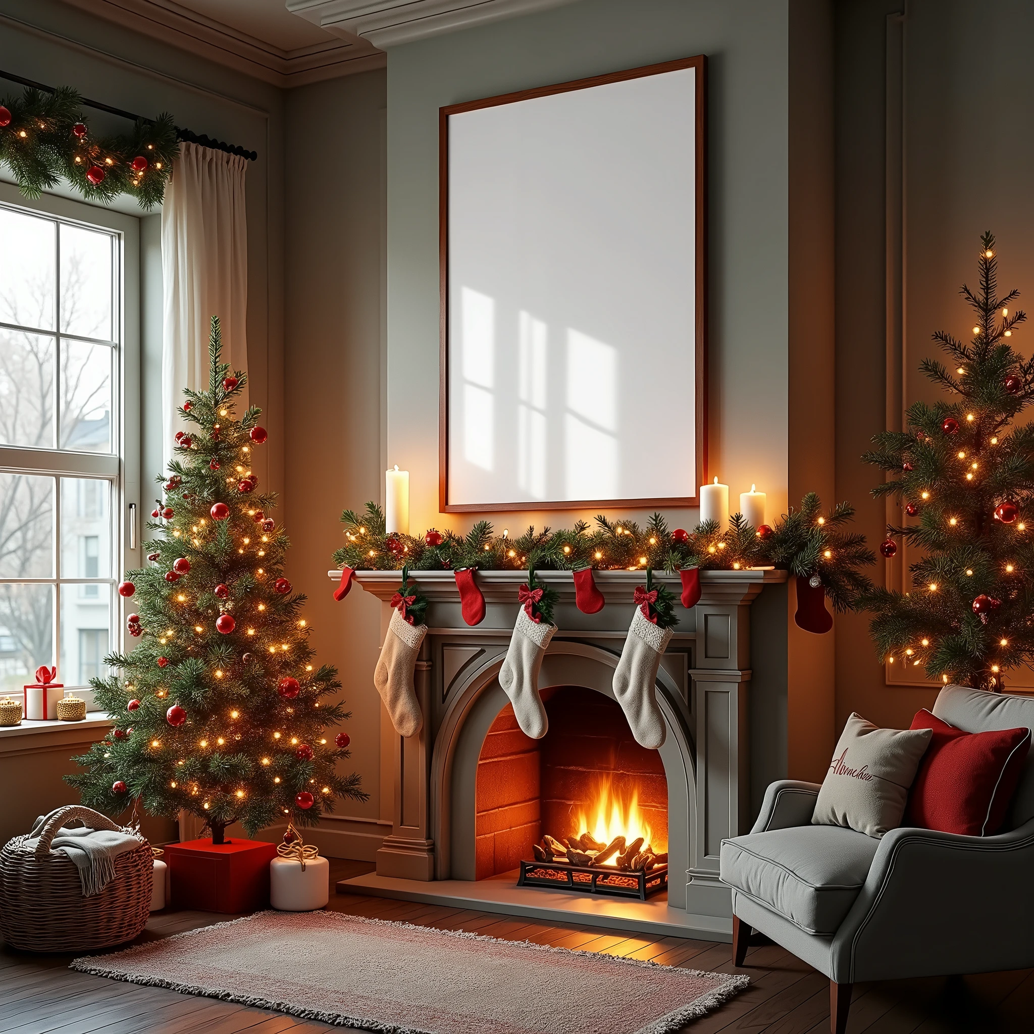 An ultra-realistic living room decorated for Christmas, with a vertical DIN A-sized white-framed canvas hanging on the wall above a cozy fireplace. The blank canvas remains untouched, with only subtle and minimal reflections from the warm Christmas lights around the mantel and the soft glow of the fireplace. A beautifully decorated Christmas tree stands nearby, casting faint shadows, while the canvas stays mostly white. The room is filled with holiday decor, including garlands and stockings, creating a detailed and festive atmosphere