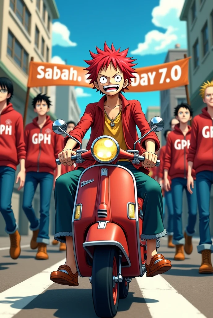 Anime one piece shanks riding a mini moped , Luffy takes 100 of his members on a motorbike , they all wear red jackets , On the jacket there is GPH written in the middle of the jacket , wearing long jeans, and wear motorcycle boots, all members are excited , in front holding a banner that says Sabah Moto Day 7.0