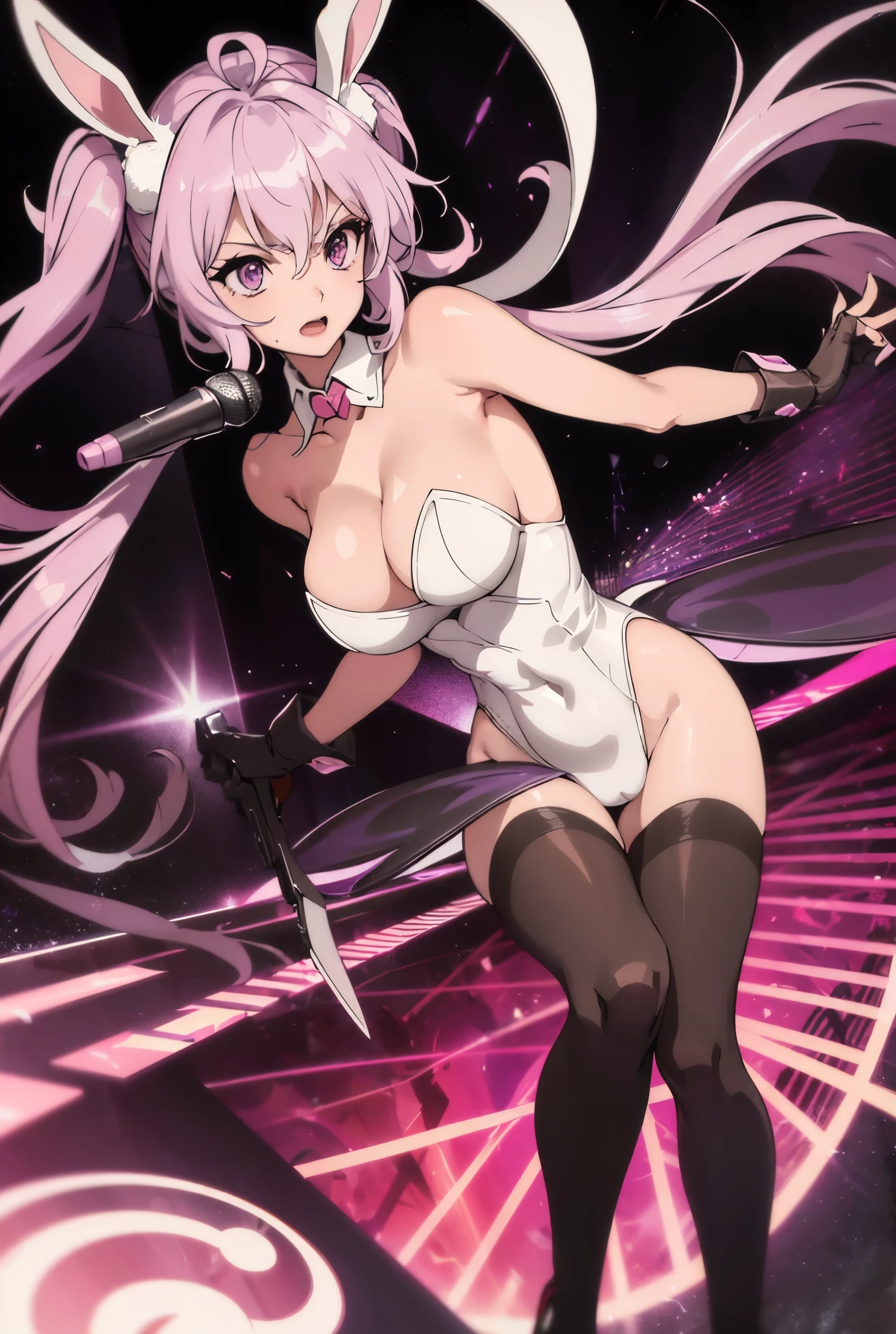 there is a girl dressed in a tight outfit holding a black object, 1girl, yukine chris, solo, rabbit ears, animal ears, breasts, long hair, playboy bunny, pantyhose, purple eyes, twintails, large breasts, fake animal ears, white background, cleavage, very long hair, full bodya very attractive anime women with long pink hair holds a knife and a pair of scissors, 1girl, yukine chris, solo, rabbit ears, animal ears, breasts, long hair, pantyhose, playboy bunny, microphone, purple eyes, large breasts, white background, twintails, cleavage, very long hair