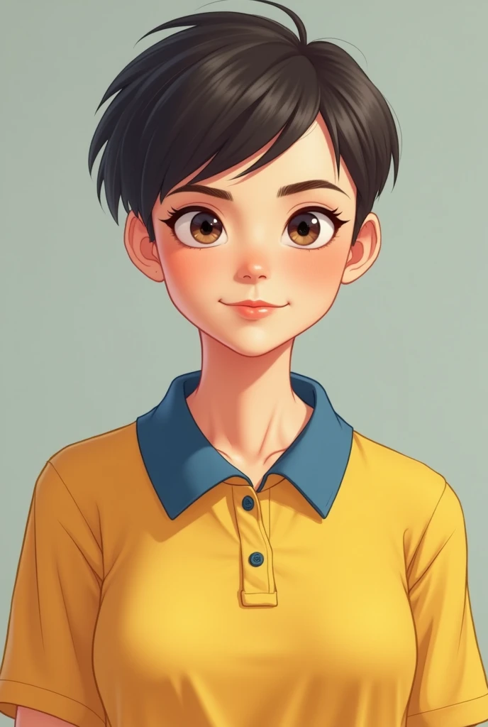 young adult woman, short girl short hair male style, small eyes full cheeks big cheeks make her face more masculine slightly overweight person wearing yellow polo shirt with blue collar