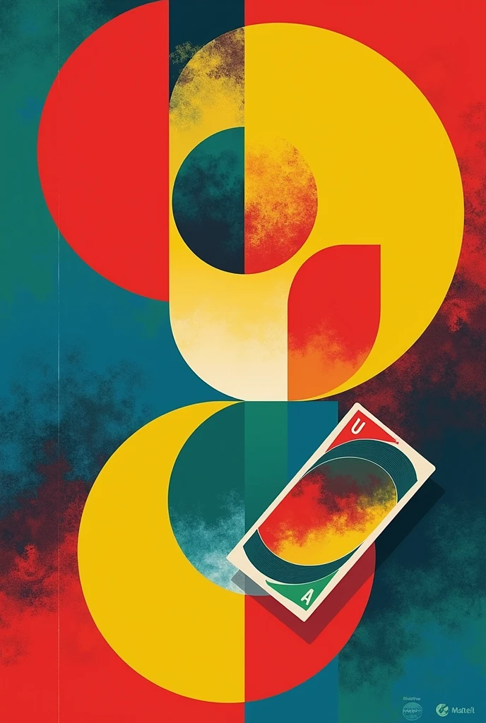 completely abstract poster representing Mattel&#39;s UNO card game, with the game&#39;s themed colors