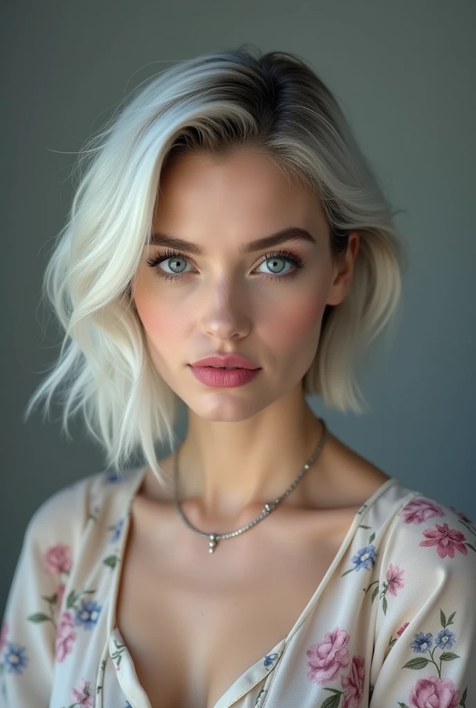 A woman with short, silver hair, styled in a chic, modern bob, looks directly at the camera with a confident and alluring expression. She is wearing a floral-patterned blouse and a delicate silver necklace, adding a touch of elegance to her look. Her eyes are a piercing blue, and her lips are painted a vibrant pink, adding a pop of color to her otherwise neutral palette. The background is a soft, muted gray, creating a sense of intimacy and focus on the subject.

[A portrait capturing the essence of confidence and elegance, reminiscent of the work of Annie Leibovitz], [Soft, diffused lighting, highlighting the textures of the woman's hair and clothing, with a blurred background, creating a sense of depth and focus on the subject. The colors are muted and natural, evoking a sense of sophistication and timeless beauty.]، RAW photo, (high detailed skin:1.2), 8k uhd, dslr, soft lighting, high quality, film grain, Fujifilm XT3, photorealistic image