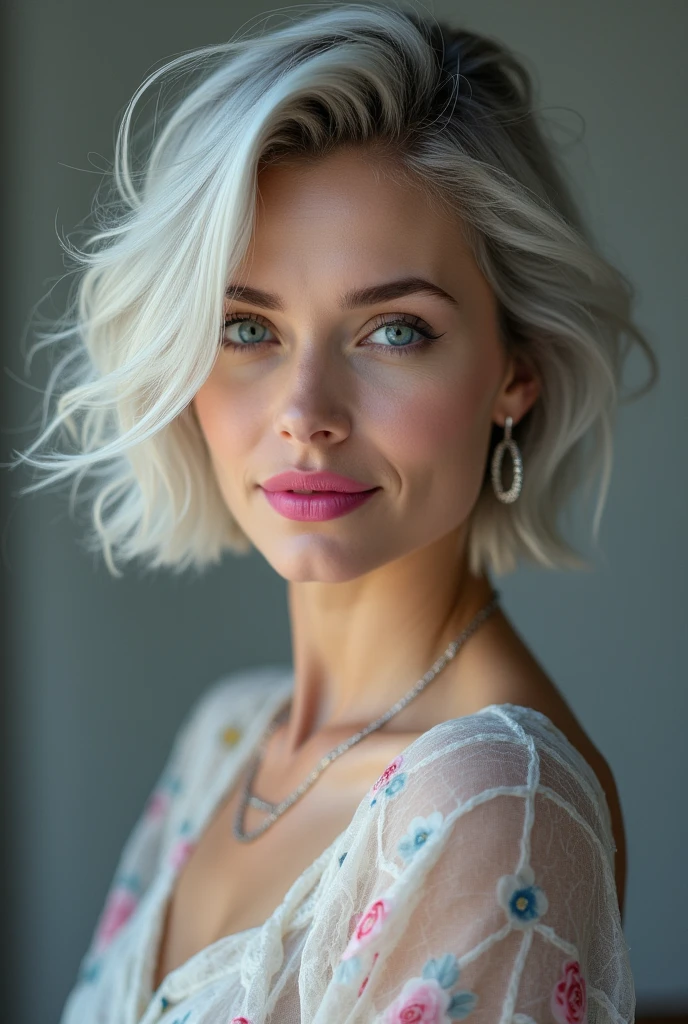 A woman with short, silver hair, styled in a chic, modern bob, looks directly at the camera with a confident and alluring expression. She is wearing a floral-patterned blouse and a delicate silver necklace, adding a touch of elegance to her look. Her eyes are a piercing blue, and her lips are painted a vibrant pink, adding a pop of color to her otherwise neutral palette. The background is a soft, muted gray, creating a sense of intimacy and focus on the subject.

[A portrait capturing the essence of confidence and elegance, reminiscent of the work of Annie Leibovitz], [Soft, diffused lighting, highlighting the textures of the woman's hair and clothing, with a blurred background, creating a sense of depth and focus on the subject. The colors are muted and natural, evoking a sense of sophistication and timeless beauty.]، RAW photo, (high detailed skin:1.2), 8k uhd, dslr, soft lighting, high quality, film grain, Fujifilm XT3, photorealistic image