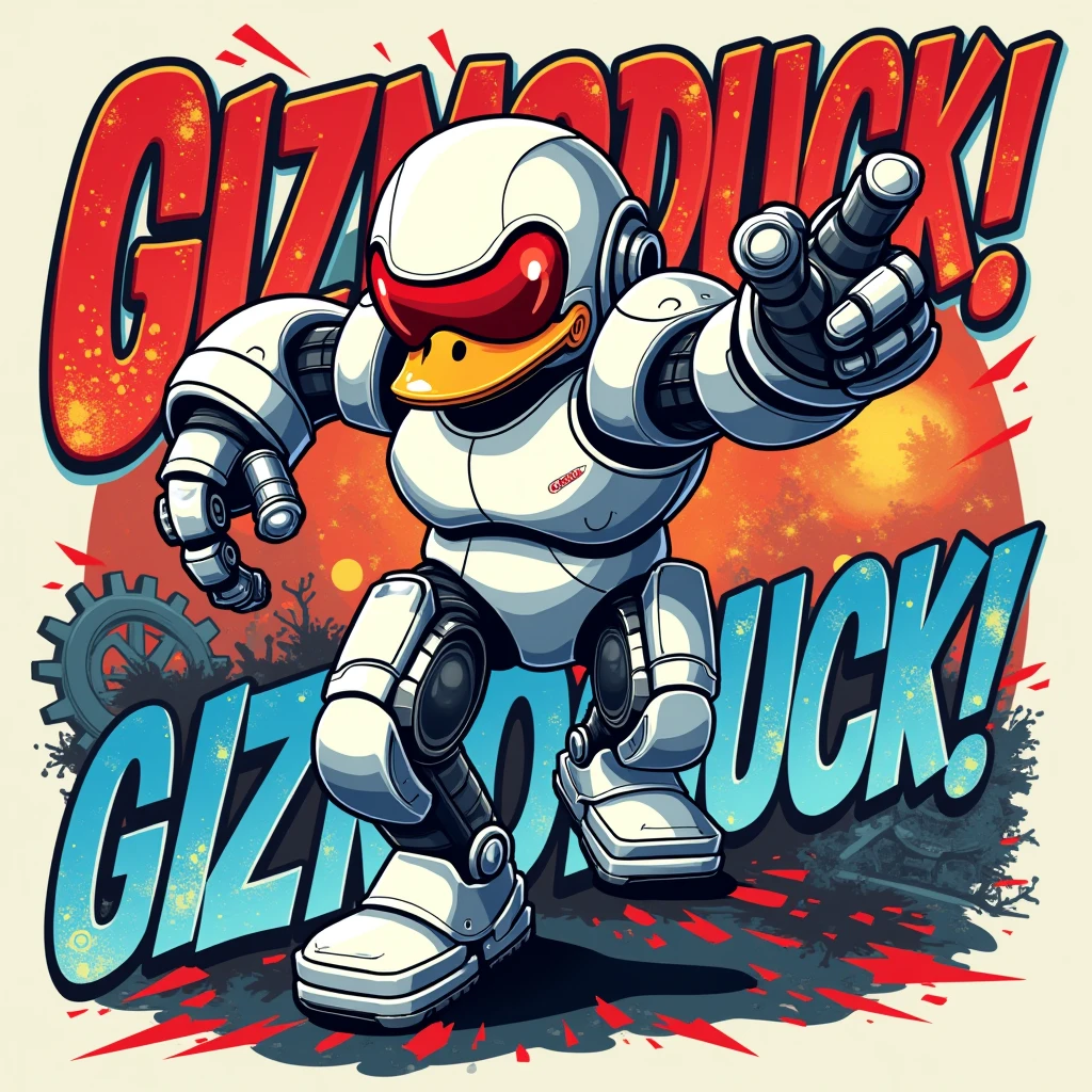 retro-futuristic vector t-shirt design, 1duck GizmoDuck in dynamic action pose, detailed sleek white robust armor with metallic sheen, large mechanical 1 leg wheel, red visor, vibrant comic-style energy bolts and gears, distressed bold blocky 3D graffiti text "GizmoDuck!", metallic silver, bright red, electric blue color palette, white background, high detail, 4k, vibrant, suitable for screen printing