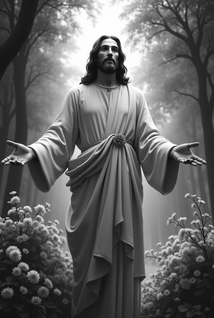 An image of Jesus, in black and white, looking and smiling at me, with open arms, in a garden with trees and flowers
