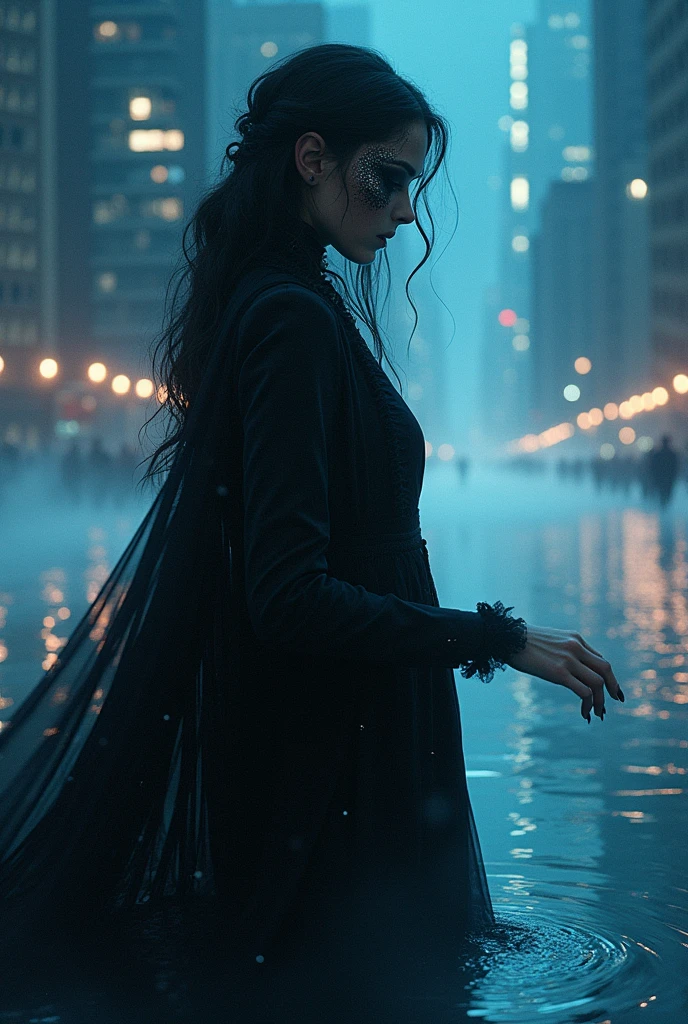 ethereal fantasy concept art of a (Illustration by Herge of a city at night where a  Brighton Sharbino  wears a black coat, city skyline, beautiful shading, black makeup, shiny glossy, dark night, (by Herge1.2):1.2) touching water surface, chaotic resonance, microdisplacement, watercore, bioluminescence, aetheric realm, chiaroscuro, symbolism, intricate details, style of (Leonid Afremov:1.1) and Anna Dittmann, . magnificent, celestial, ethereal, painterly, epic, majestic, magical, fantasy art, cover art, dreamy