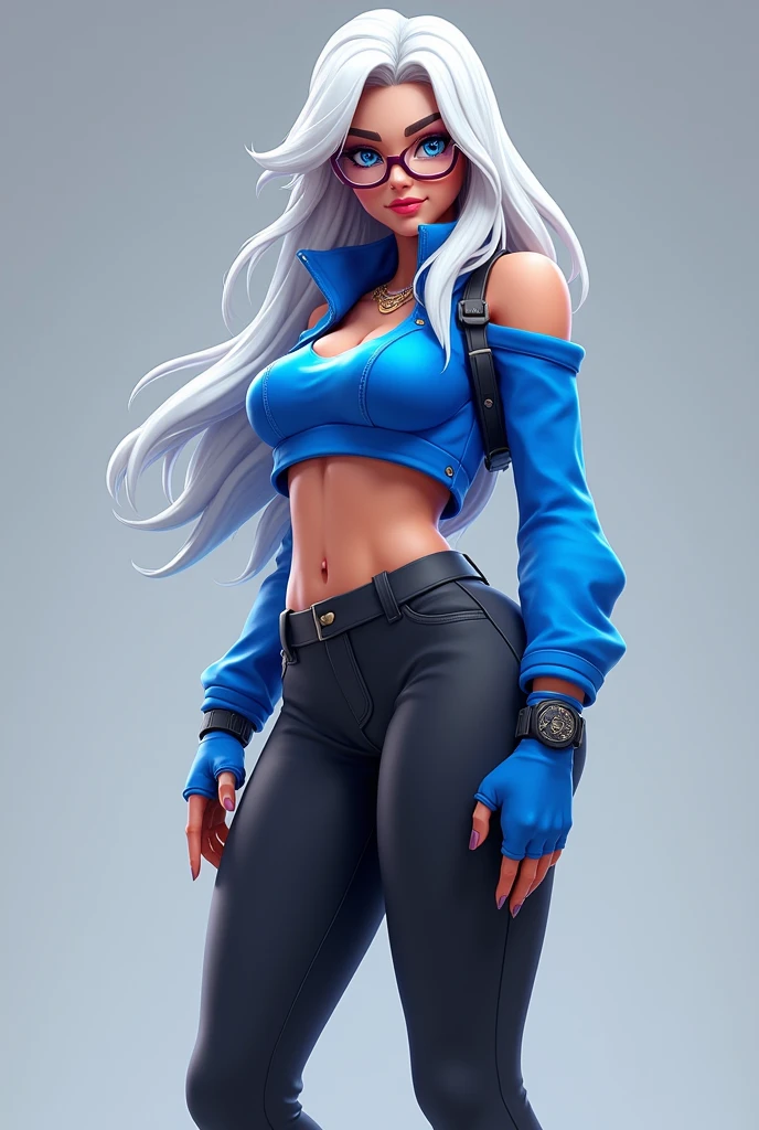 fortnite style girl, long white hair, Broad Hips, Sexy thighs, blue colored eyes, wearing glasses, Allstar Sneakers, sexy cobalt blue top solid black leggings full body
