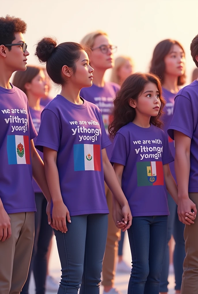 Make several people from different countries holding hands with purple shirts written "WE ARE WITH YOU YOONGI" do it with more people and with country flags