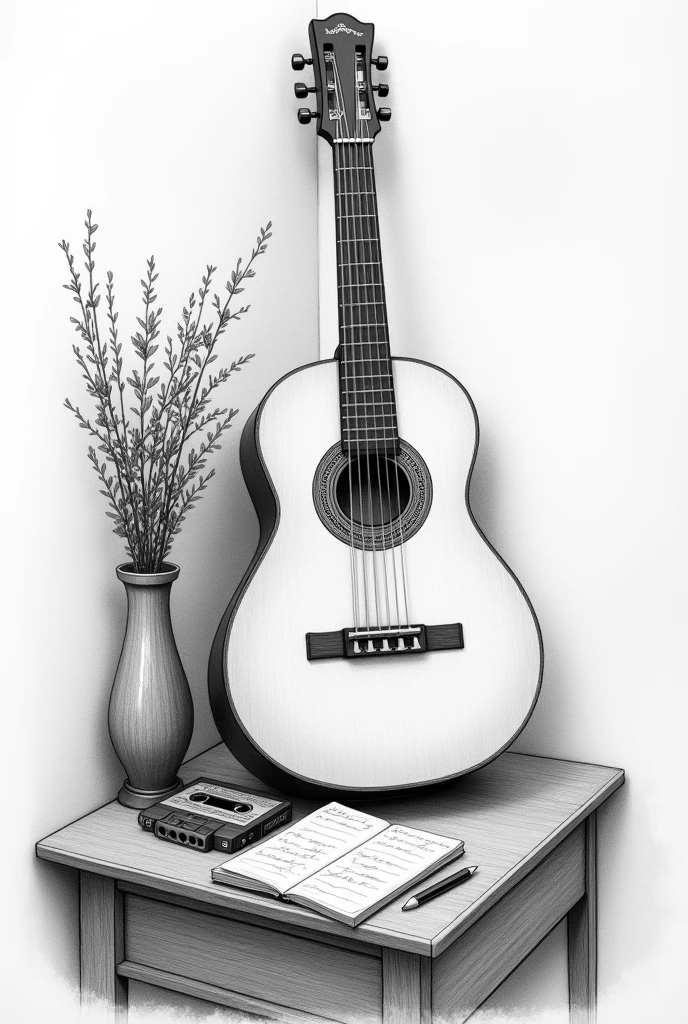 A pencil drawing of a classical guitar and a cassette tape on a side table in black and white