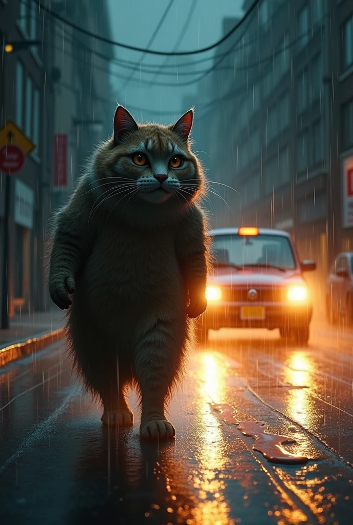 A dramatic, rain-soaked street at night where Dodo, the father cat, crosses the road. He is weary and drenched, his large, expressive eyes filled with fatigue as he walks. The scene shifts to a car’s headlights piercing the darkness, the screech of tires, and the inevitable collision. The moment is captured in shocking detail, with raindrops glistening in the harsh light. The style should be highly detailed, with anthropomorphic features and soft textures, evoking deep emotion, similar to the reference image.