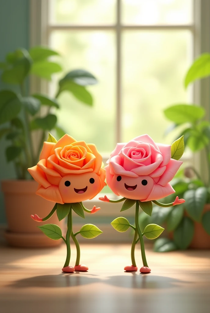 Create a transparent image of two adorable, cartoonish rose characters, one orange and one pink, both with cheerful smiles and tiny arms and legs. They have glossy, semi-transparent surfaces with tiny water droplets, and each has a small leaf on top. The background features a bright and airy indoor setting with green plants and soft natural light, creating a cozy atmosphere. The scene conveys a sense of happiness and friendship, with a gentle bokeh effect in the background.

#