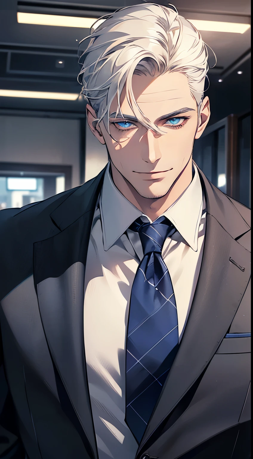 (best quality, masterpiece, 8K, photorealistic, cinematic lighting, hdr image, ultra detailed, beautiful image), 1 man, 3, mature man, very handsome, (without expression, smile), short white hair, blue eyes ( penetrating gaze), perfect face without errors, imposing posture, without errors, businessman, office background