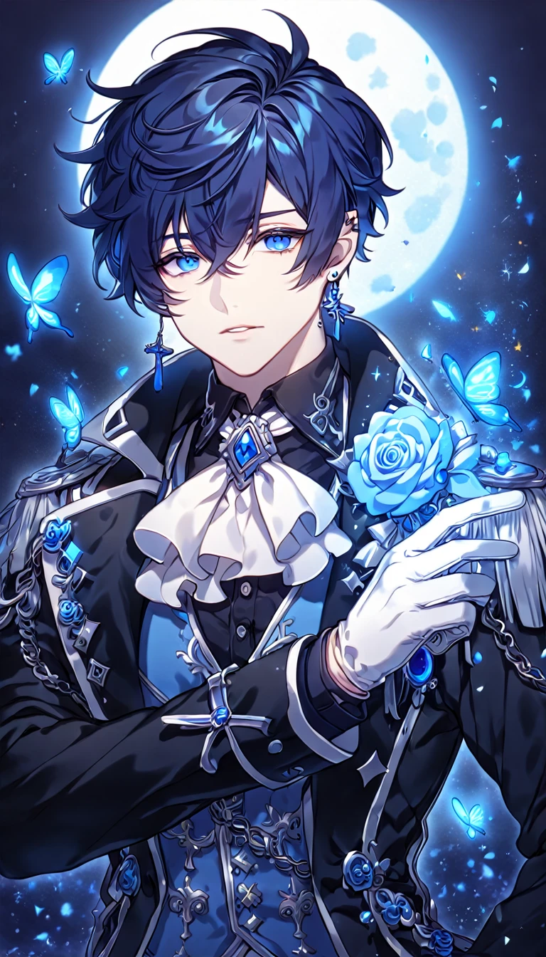absurdres, highres, ultra detailed, HDR, master piece, best quality, extremely detailed, detailed face, Ciel, dark blue hair, expressive blue eyes, slightly pointed ears, Elsword, cross earrings, solo, sexy man, handsome, manly man, black coat, blue vest, black shirt, white gloves, white cravat, magical, fantasy, under a blue tree, blue flames, blue moon, blue fireflies, blue roses, blue butterflies, glass magic