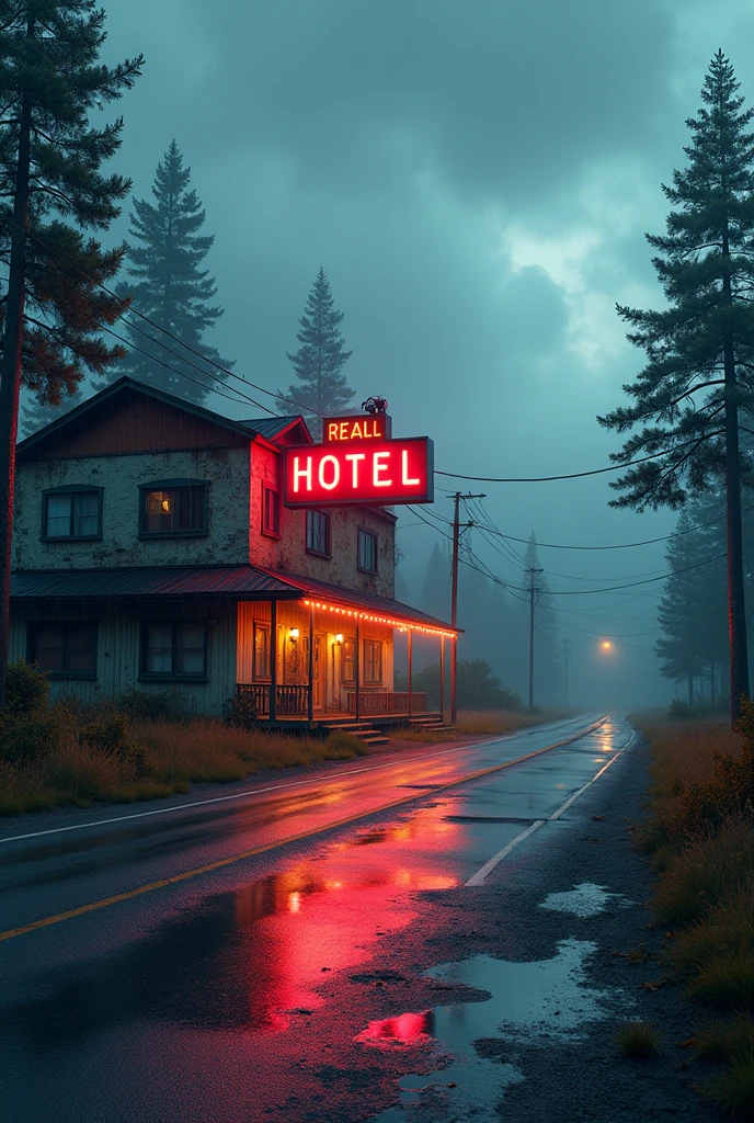 make a little run down hotel after a rain on the road in 2d animation