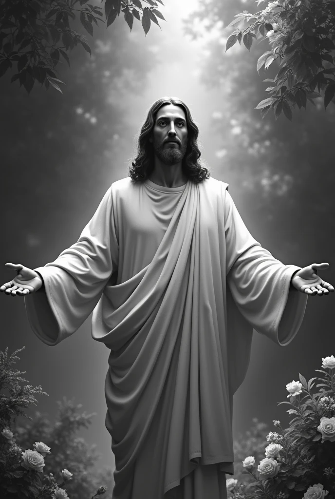 An image of Jesus, in black and white, looking and smiling at me, with open arms, in a garden with trees and flowers