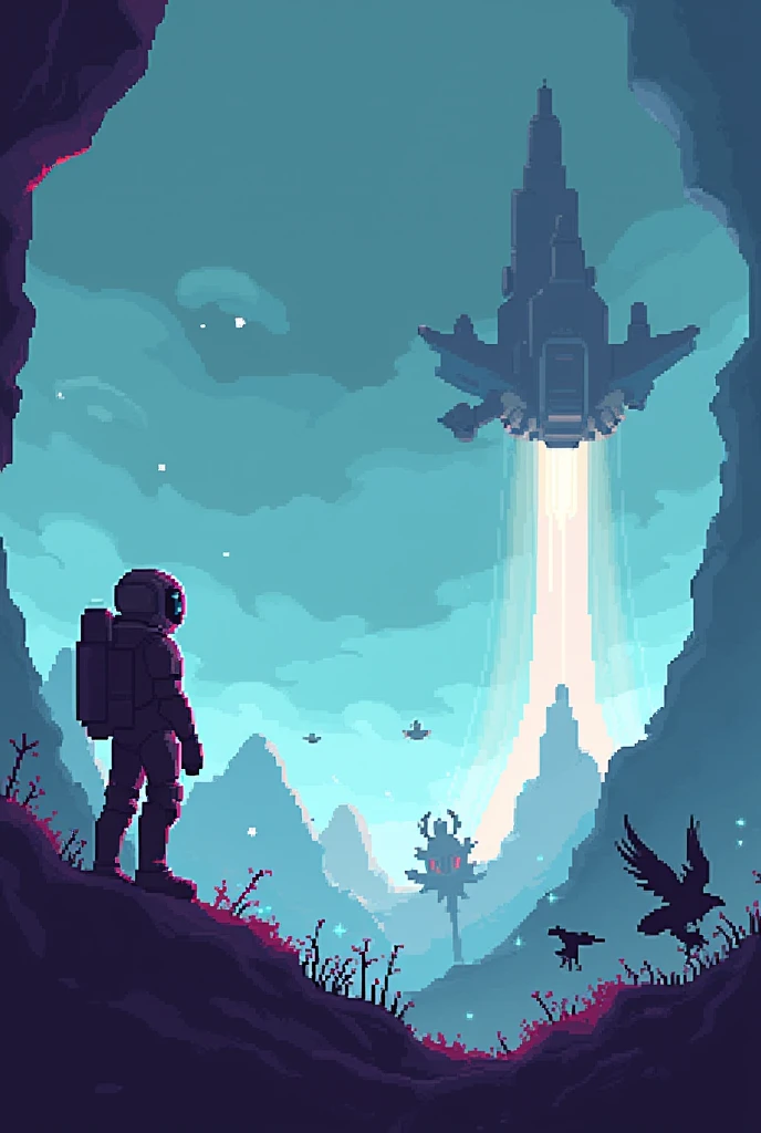 photo as if it were a 2D video game at 8*8 pixels. Futuristic look of spaceships, spawn enemies like shadow demons, light shadow demon and flying crows. The character is located on the left of the screen and will have a stylish astronaut look.