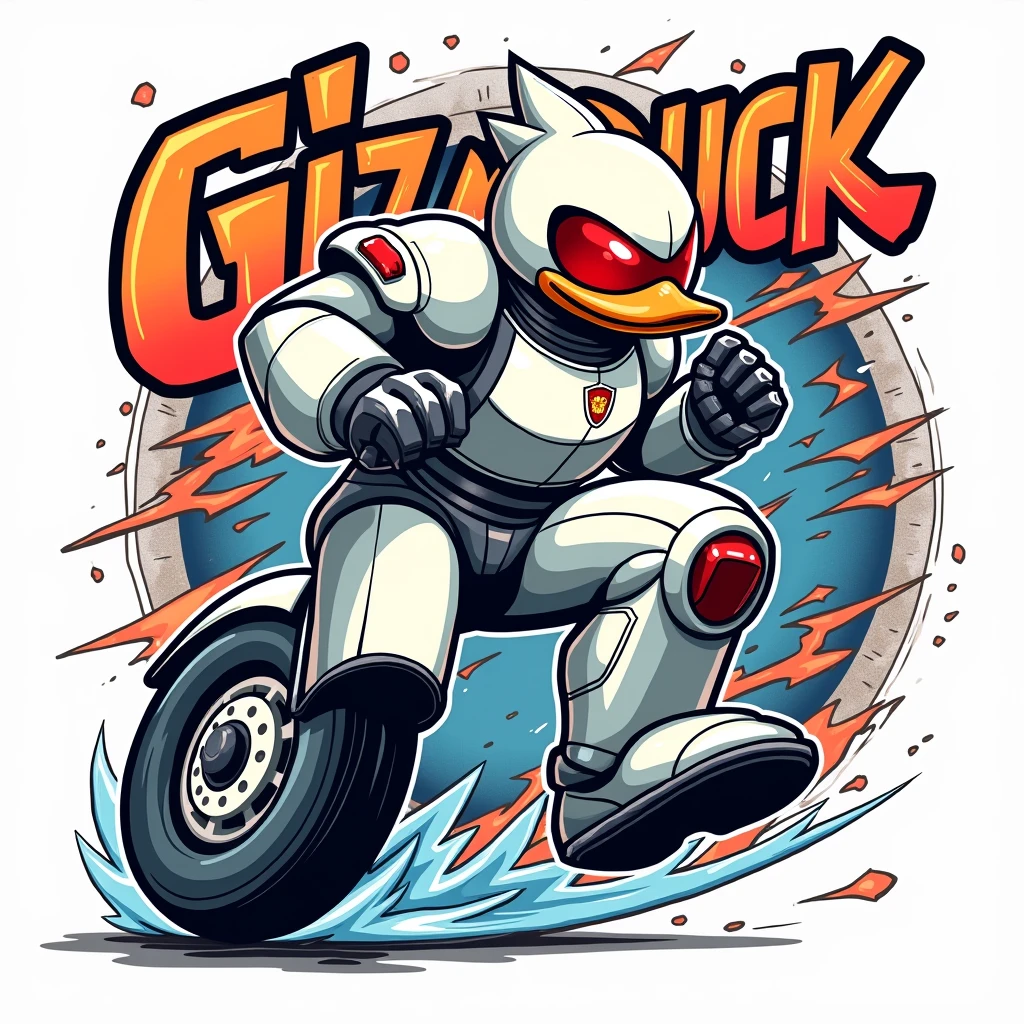 retro-futuristic vector t-shirt design, 1duck GizmoDuck in speed action pose, detailed sleek white robust armor with metallic sheen, large mechanical 1leg-wheel, red visor, vibrant comic-style energy bolts and gears, distressed bold blocky 3D graffiti text "GizmoDuck!", metallic silver, bright red, electric blue color palette, white background, high detail, 4k, vibrant, suitable for screen printing