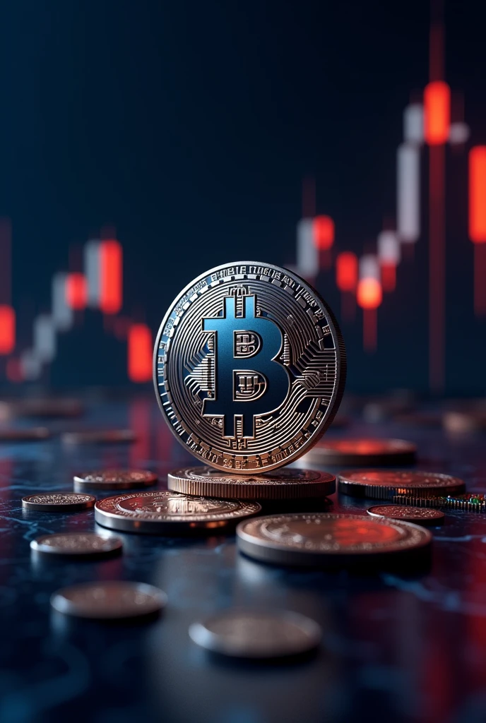 Bitcoin cryptocurrency on a rising candlestick background on the chart, reaching the value of 100 thousand dollars