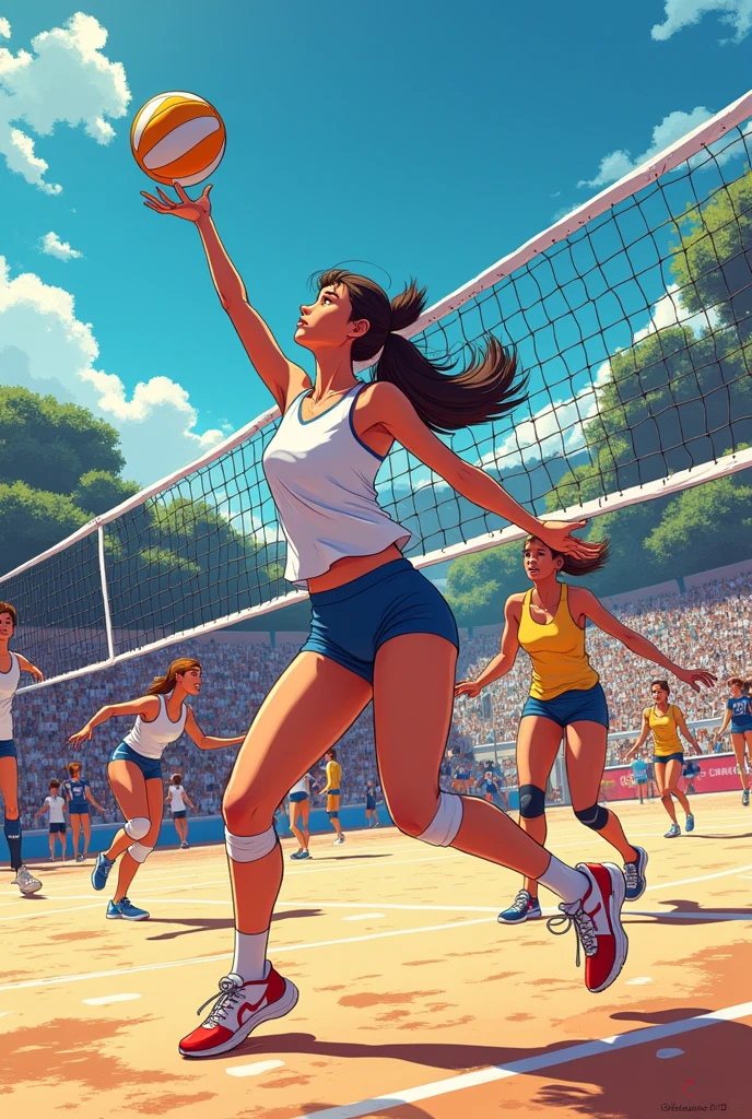 Create a 10-sheet 20-page comic. about volleyball. that is animated drawn
