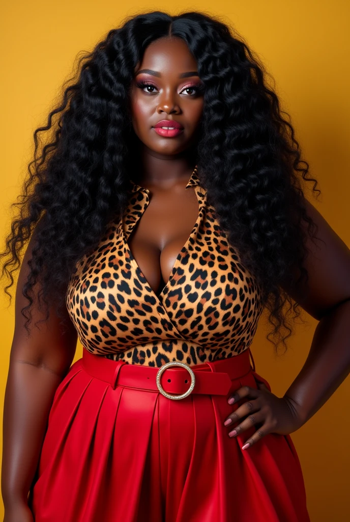 Make a picture of a black woman , long curly black hair, dark shaped eyes, chubby,wearing red pleated skirt with red belt, leopard print blouse