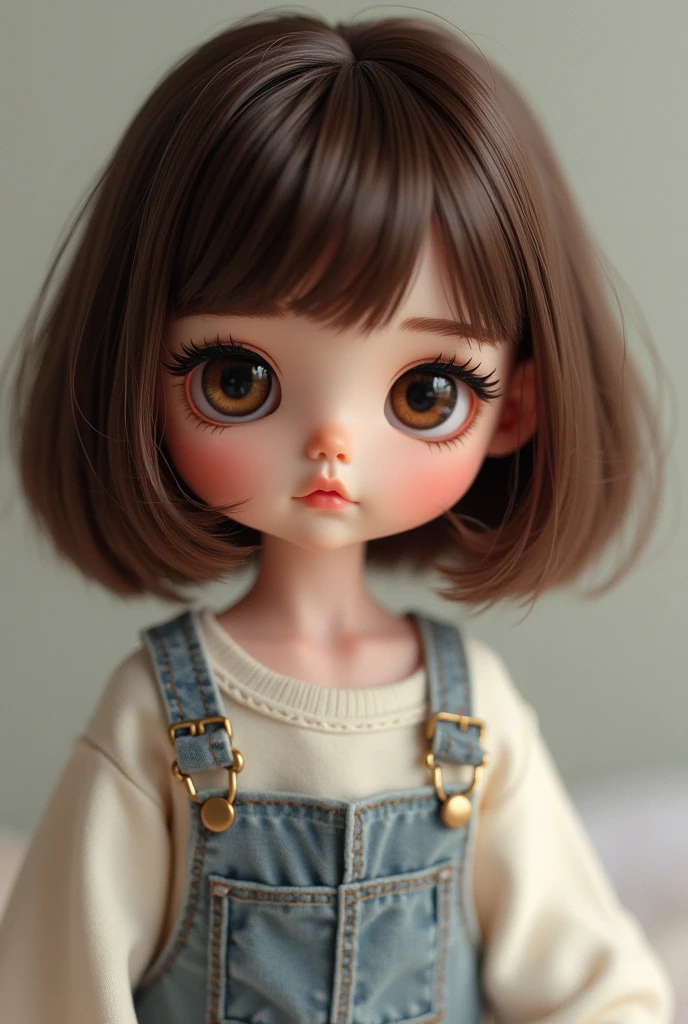 Brunette doll with short hair, expressive brown eyes with beautiful eyelashes, perfect eyebrows, dressed casually