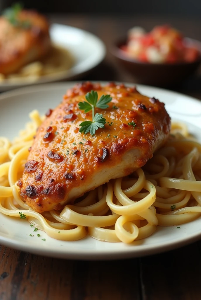 I need a picture of a plate with chicken in a pot, with noodles and Russian salad. It doesn&#39;t look like soup and it looks realistic., but it creates the complete dish and I want to see just one piece of chicken, not all the chicken.
I need the whole plate to come out. and the chicken looks cooked, not fried