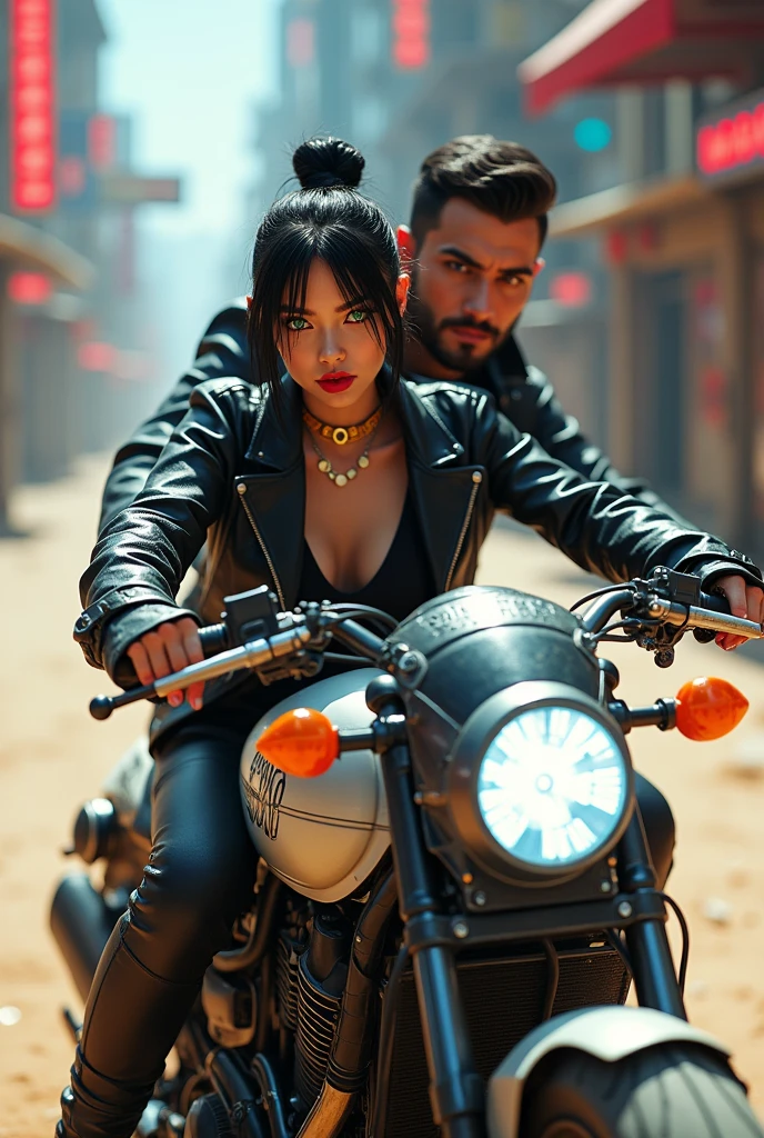 Young new,comely,short straight black hair, Cao Cao,offwhite,German, greeneyes,beard made, athletic body,short hair kissing face of a beautiful young adult woman,white German, greeneyes,very straight black hair,amarrado pra cima em coque Cao Cao,red lipgloss stick,illuminated nose,wearing a black jacket with half blood written on it on a cyberpunk motorcycle with half blood written on it in detail, futuristic motorcycle, walking on the road, 2 person on a motorcycle, details Intricate, high resolution, photorrealistic, hyper detailled, dynamic motion blur, sandy urban environment, neon lights, brilliant cybernetic elements, mecha inspired design, complex machinery, urban landscape , beautiful young white adult, greeneyes, red lipgloss stick, well made up, long and very straight hair,faça o cabelo dela em coque muito Cao Cao pretos, wearing gold accessories, thin gold necklace.