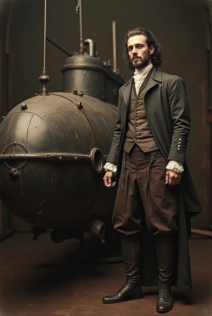 A character from the 1600s next to an old submarine in an old photo