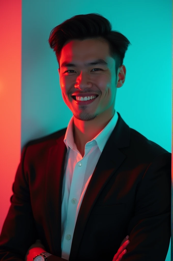 A young man with dark hair and a confident smile. He is dressed in a black blazer over a white shirt. The man is positioned against aqua colour backdrop with a subtle red lighting on the left side. and he posing for Linkedin profile