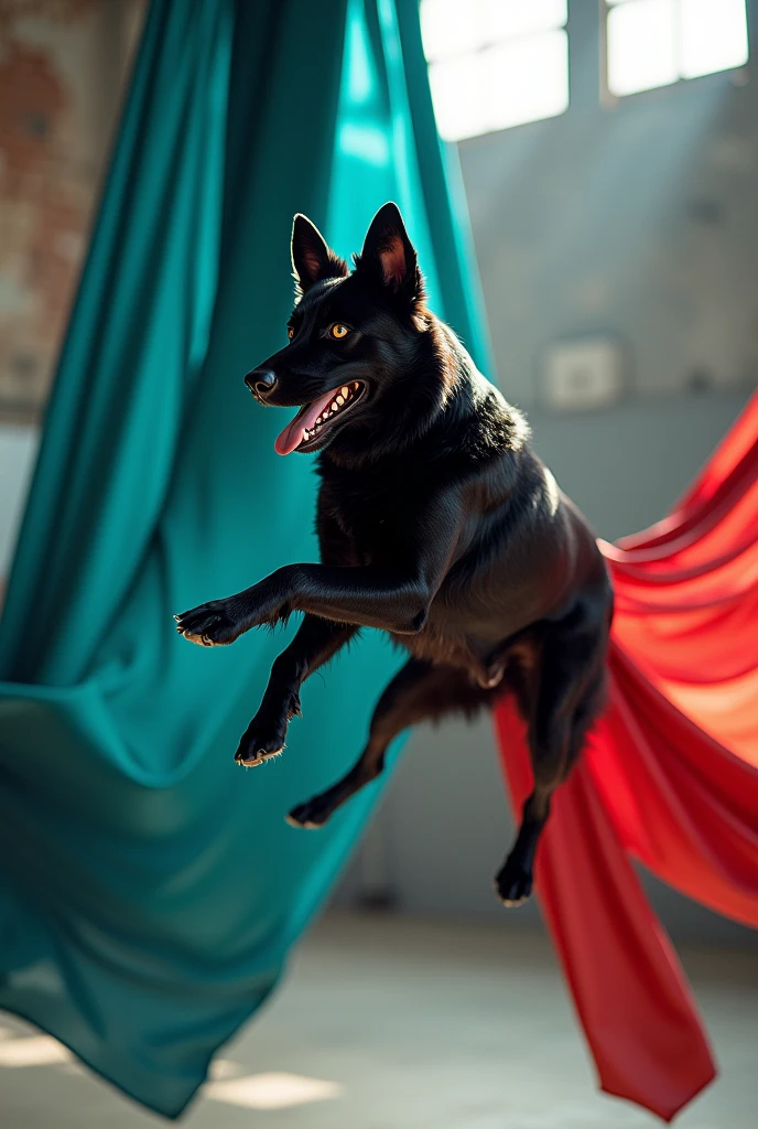 A Belgian Shepherd Groenendael dog, doing aerial dance on fabrics