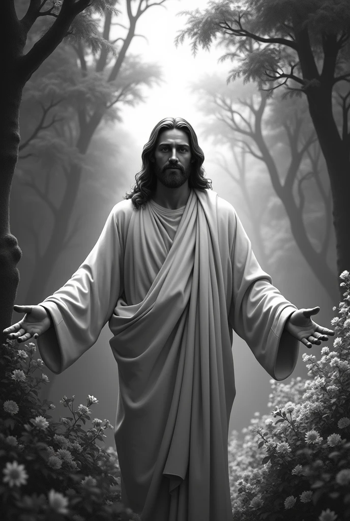 An image of Jesus, in black and white, looking and smiling at me, with open arms, in a garden with trees and flowers