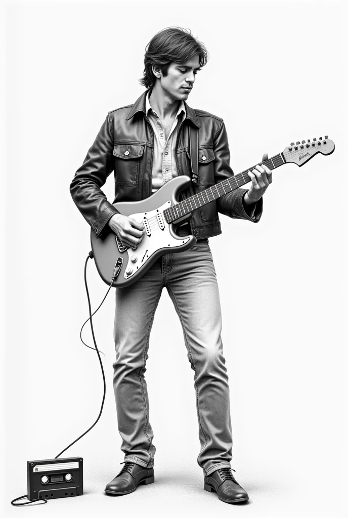A pencil drawing of A 60's man playing guitar and a cassette tape on the floor