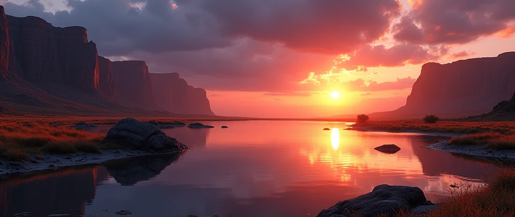 Stunning African wilderness landscape, beautiful sunrise over a tranquil lake, dramatic cinematic lighting, majestic rock formations, no animals or evil, breathtaking view, extreme detail, (best quality, 4k, 8k, high definition, masterpiece: 1.2), extreme detail, (realistic, realistic, photorealistic: 1.37), dramatic lighting, cinematic composition Pixar style close to the Lion King animation