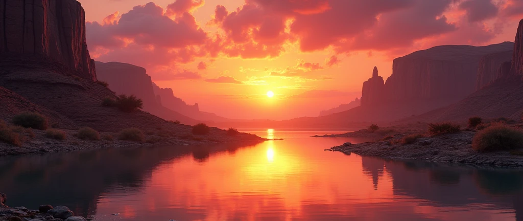Stunning African wilderness landscape, beautiful sunrise over a tranquil lake, dramatic cinematic lighting, majestic rock formations, no animals or evil, breathtaking view, extreme detail, (best quality, 4k, 8k, high definition, masterpiece: 1.2), extreme detail, (realistic, realistic, photorealistic: 1.37), dramatic lighting, cinematic composition Pixar style close to the Lion King animation