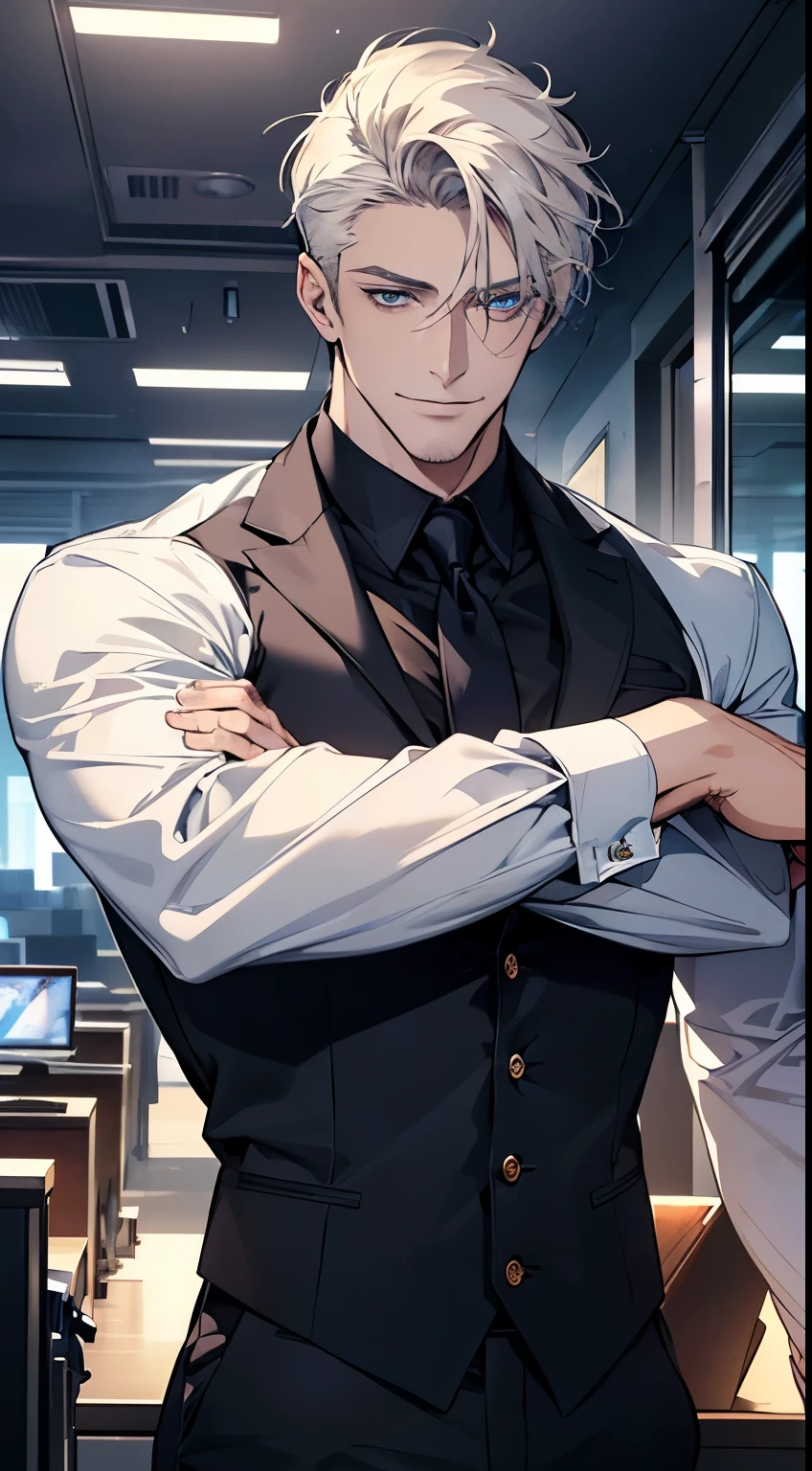 (best quality, masterpiece, 8K, photorealistic, cinematic lighting, hdr image, ultra detailed, beautiful image), 1 man, 3, mature man, very handsome, (without expression, smile), short white hair, blue eyes ( penetrating gaze), perfect face without errors, imposing posture, without errors, businessman, office background