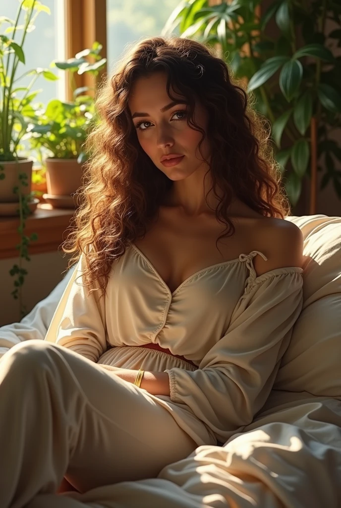 (photorealism:1.2), Halia Thornton, head of the Guild of Mines of Phandalin, Agent of Zhentarim, sitting on bed, wearing loose off-shoulder top, pajama pants, long curly hair, indoors, soft lighting, plants in background, window with sunlight, cozy room, relaxed pose, realistic, intricate details, warm colors, by Greg Rutkowski, by Alphonse Mucha