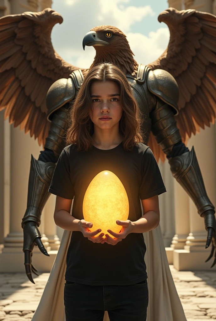  boy with very long, straight, fine brown hair, plain black t-shirt and plain black pants. He holds a large luminous golden egg. 
Behind him a man with a brown hawk&#39;s head , wearing Angelic Armor and a white robe. He is behind with his wings open and long arms and claws extended protecting him.. 
In the background a Roman temple scene