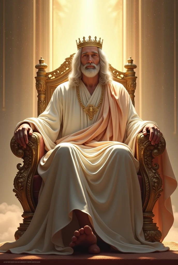 God Jesus is sitting on the thrown with his crown white hair
