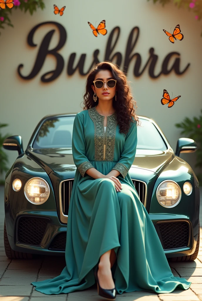 "A beautiful girl looking stunning, wearing stylish girl sunglasses. Her light makeup enhances her natural beauty, and her loose, softly curly hair adds to her charming gorgeous appearance."
"A beautiful girl looking stunning, wearing stylish sunglasses. Her light makeup enhances her natural beauty, and her loose, softly curly hair adds to her charming appearance."
A beautiful young lady with small curly hair looking so gorgeous and decent makeup and water sunglasses is standing next to a luxury unique car and a name 'Bushra' written to vest funt on it. She's wearing a stunning - best designing awesome Shlwar Qameez Teel color suit with intricate designs and black heel shoes. The car is parked in a picturesque setting with colorful butterflies flying around and 'Bushra' written in bold, cursive font on the wall behind her. The scene exudes elegance and sophistication."
Let me know if you'd like me to generate an image based on this prompt!