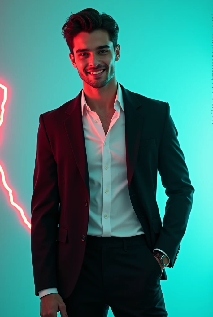A young Man With Dark hair and a confident smile He is Dressed in a black blazer over a white shirt The man is positioned against aqua colour backdrop with a subtle red lightning on the left side and