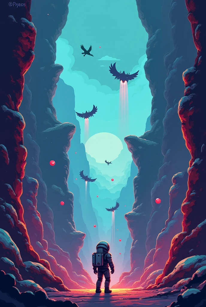 photo as if it were a 2D video game at 8*8 pixels. Futuristic look of spaceships, spawn enemies like shadow demons, light shadow demon and flying crows. The character is located on the left of the screen and will have a stylish astronaut look. There will be obstacles and gaps, enemies standing guard and gems to collect.
