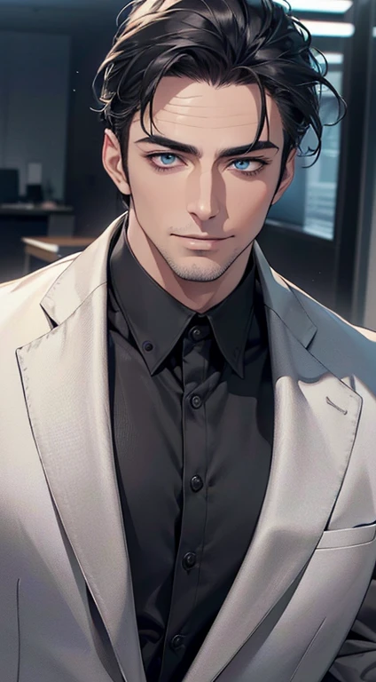 (best quality,4k,8k,highres,masterpiece:1.2),ultra-detailed,(realistic,photorealistic,photo-realistic:1.37),1 man,3,mature man,very handsome,without expression,smile,short grey black hair,blue eyes,penetrating gaze,perfect face without errors,imposing posture,businessman,office background,cinematic lighting,hdr image