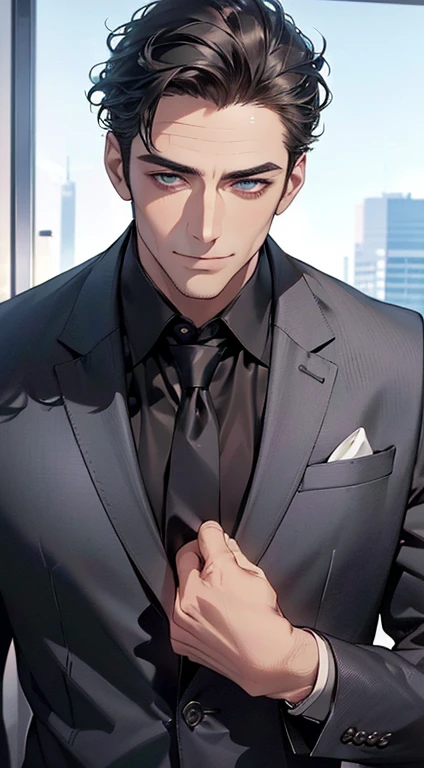(best quality,4k,8k,highres,masterpiece:1.2),ultra-detailed,(realistic,photorealistic,photo-realistic:1.37),1 man,3,mature man,very handsome,without expression,smile,short grey black hair,blue eyes,penetrating gaze,perfect face without errors,imposing posture,businessman,office background,cinematic lighting,hdr image