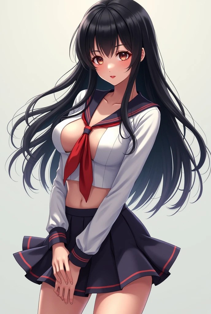 Top quality, school, high school girl, beautiful face, beautiful eyes, beautiful woman, elegant face, classy face, intelligent face, bewitching smile, beautiful glossy black hair, straight long hair, huge breasts, curvaceous beauty, narrow waist, sailor suit , red ribbon tie, short navy pleated skirt