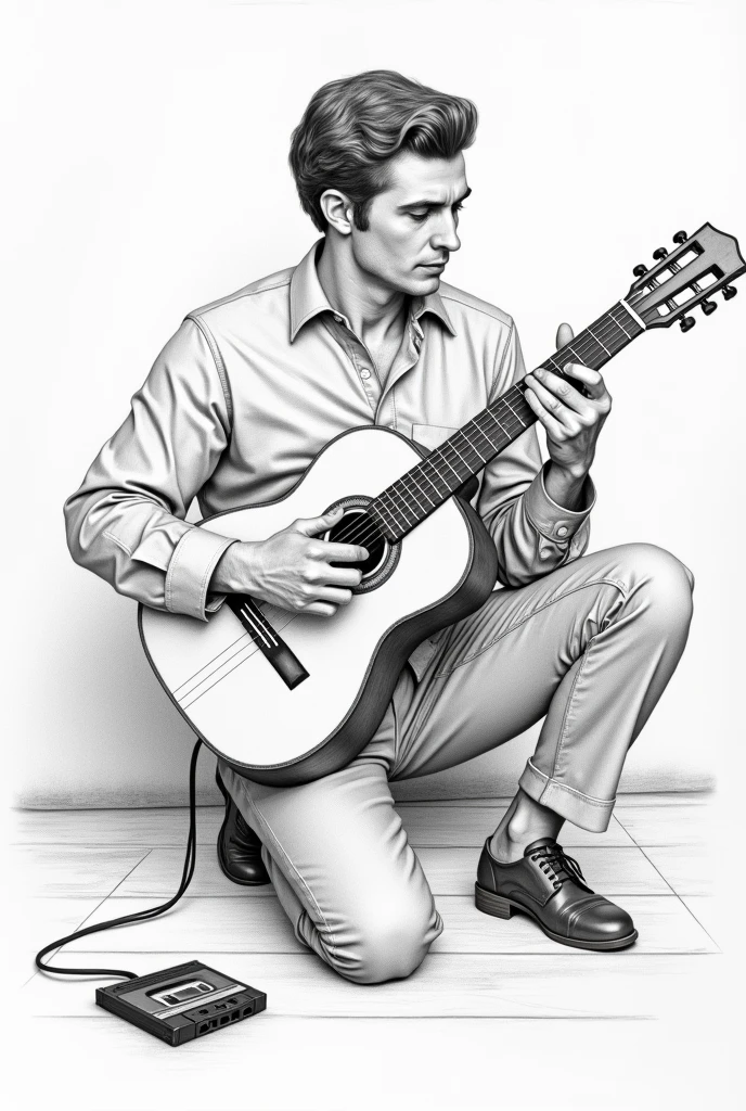 A pencil drawing of A 60's man playing classical guitar and a cassette tape on the floor