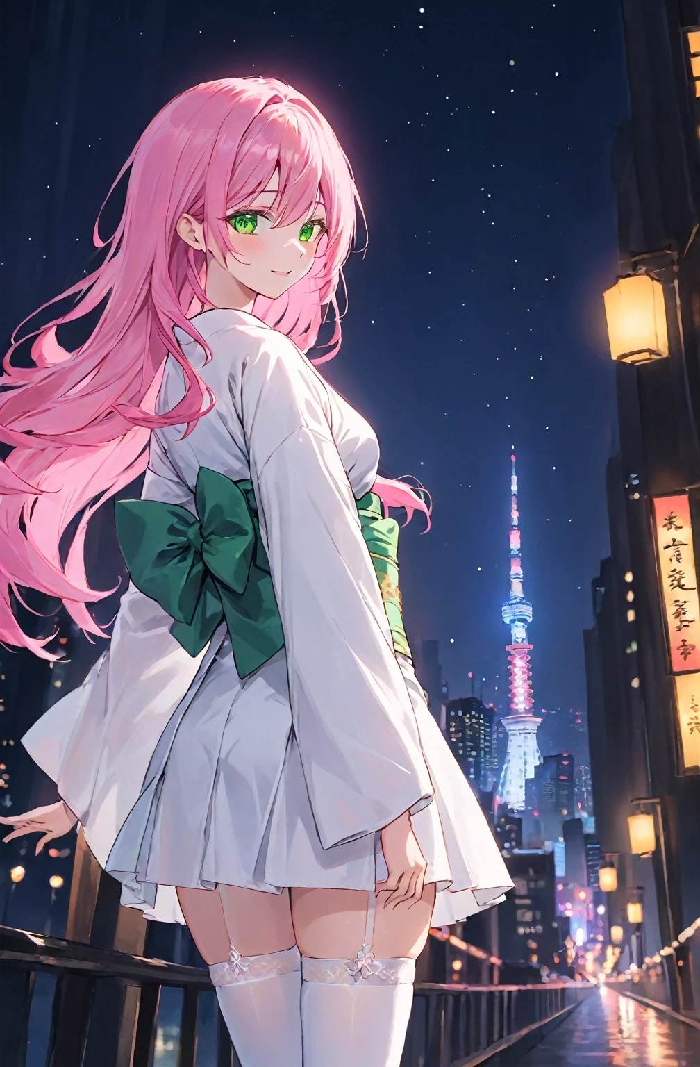 ((A pink-haired)),((The hair is long)),green eyes,Very long dull hairs,night city background,((white kimono costume)),((White miko stockings)),((white mini skirt)), night,standing,pink hair,pink hair,night city,((dark place)),((white kimono costume)),((White miko stockings)),((white mini skirt)),smile,
