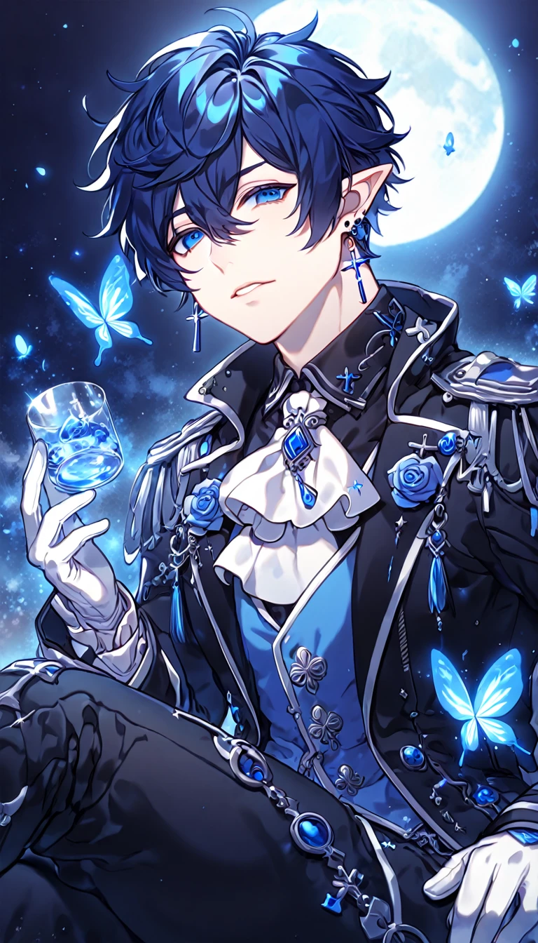 absurdres, highres, ultra detailed, HDR, master piece, best quality, extremely detailed, detailed face, Ciel, dark blue hair, expressive blue eyes, slightly pointed ears, Elsword, cross earrings, solo, sexy man, handsome, manly man sitting, black coat, blue vest, black shirt, white gloves, white cravat, black pants, close up, magical, fantasy, under a blue tree, blue flames, blue moon, blue fireflies, blue roses, blue butterflies, glass magic